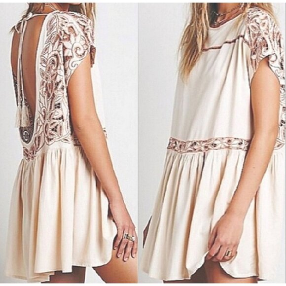 Free People Dresses & Skirts - Free People | Ayu XS Boho Hippie Nude Short Sleeve Oversized Tunic Dress Open